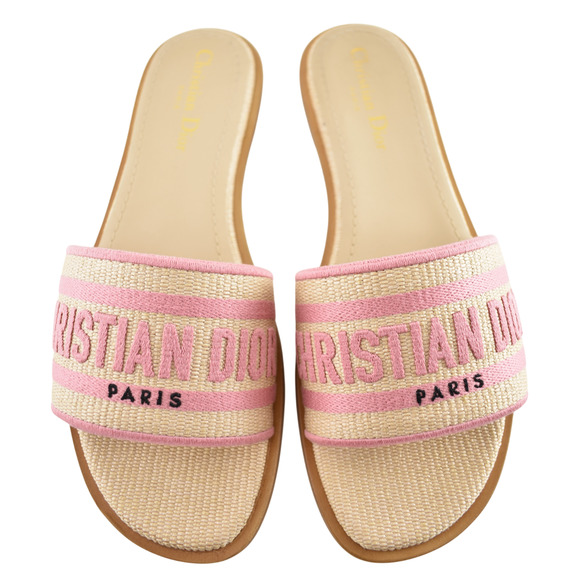 Dior Shoes - Christian Dior Dway Rose Begonia Pink Raffia Beige Logo Slide Flat Sandal 38.5